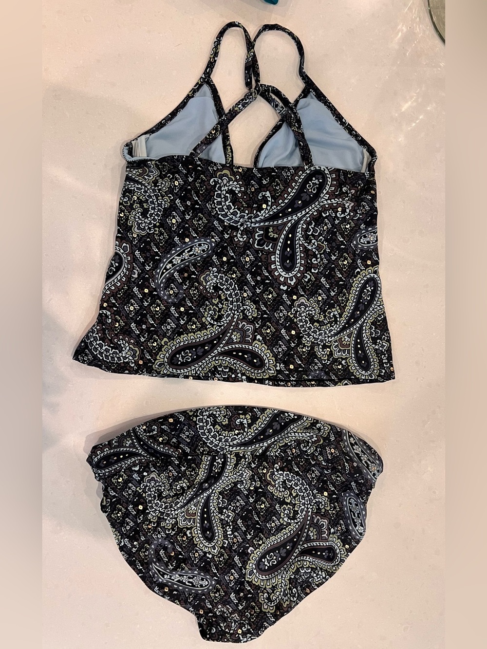 Athleta 3 pc bikini/tankini set 36D/M in brown blue paisley w gold beads - Picture 3 of 9